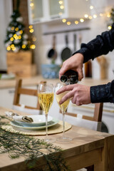 Table served for Christmas dinner. Christmas And New Year Holiday Table Setting. Celebration
