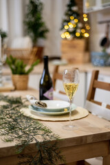 Table served for Christmas dinner. Christmas And New Year Holiday Table Setting. Celebration