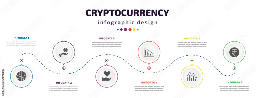 Poster cryptocurrency infographic element with icons and 6 step or option. cryptocurrency icons such as cir