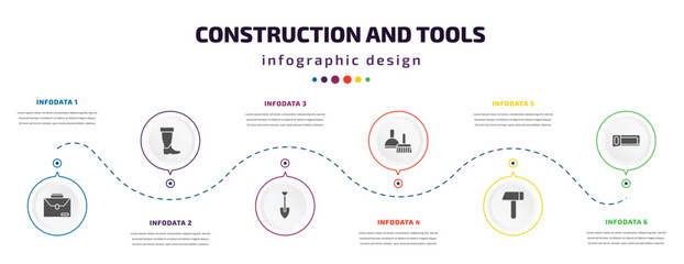 Fototapeta na wymiar construction and tools infographic element with icons and 6 step or option. construction and tools icons such as businessman portfolio, rubber boots, spade, dustpan brush, brick hammer, metal saw