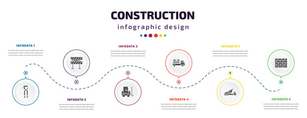 construction infographic element with icons and 6 step or option. construction icons such as big clippers, barrier, trolley truck, truck with load, dump truck, brickwall vector. can be used for