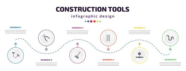 construction tools infographic element with icons and 6 step or option. construction tools icons such as screws, plier, cleaning mop, ladder, gas pipe, plumbing pipes vector. can be used for banner,
