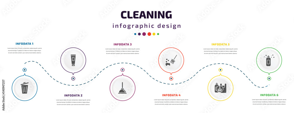 Poster cleaning infographic element with icons and 6 step or option. cleaning icons such as garbage, cream,
