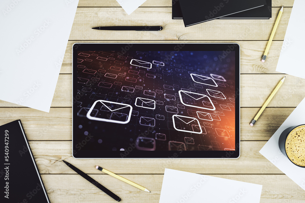 Poster Creative abstract postal envelopes hologram on modern digital tablet display, email and notification concept. Top view. 3D Rendering