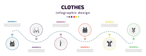 Fototapeta na wymiar clothes infographic element with icons and 6 step or option. clothes icons such as jersey blazer, jewelry, tie, tank top, blouse, lingerie vector. can be used for banner, info graph, web,