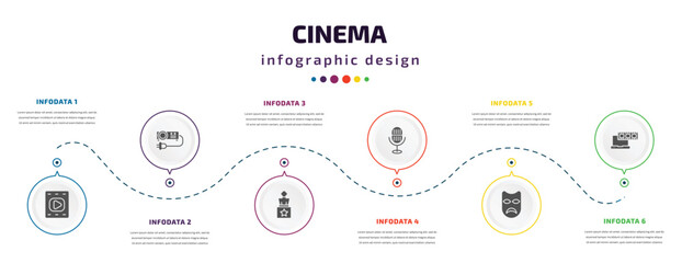 cinema infographic element with icons and 6 step or option. cinema icons such as film, projector with plug, award, movie microphone, sad mask, laptop with film strip vector. can be used for banner,
