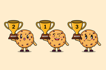 Set of cute cartoon Biscuits holding trophy with happy expression in 3d modern style design