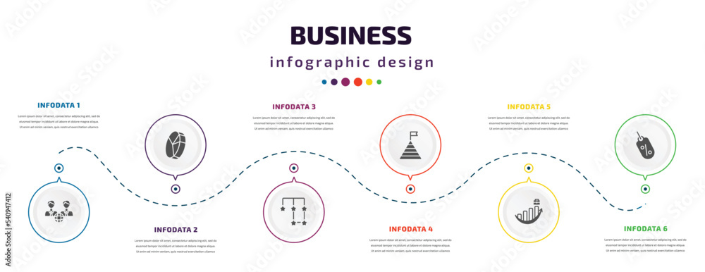 Poster business infographic element with icons and 6 step or option. business icons such as partners in bus