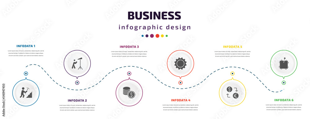Poster business infographic element with icons and 6 step or option. business icons such as worker digging 