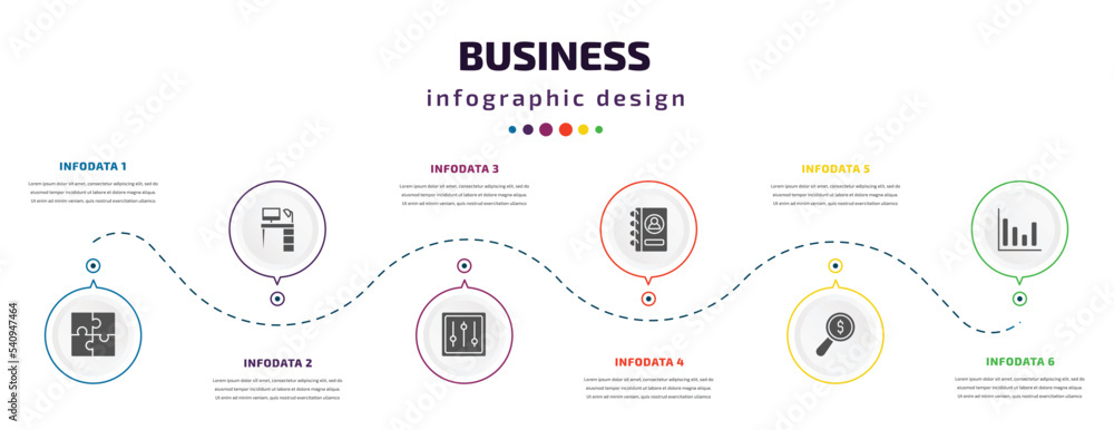 Poster business infographic element with icons and 6 step or option. business icons such as puzzle game pie