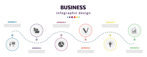 Fototapeta na wymiar business infographic element with icons and 6 step or option. business icons such as graphic panel and man, two folders, pie chart with dollar, maths tool, round light bulb, graphic progression