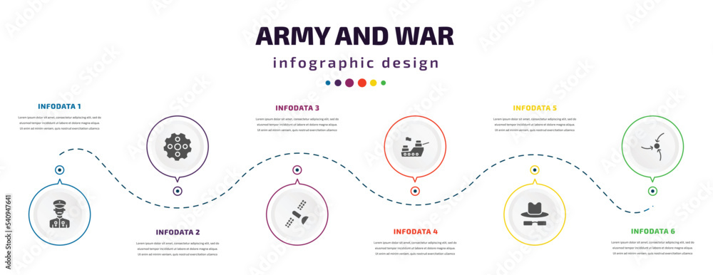Poster army and war infographic element with icons and 6 step or option. army and war icons such as veteran
