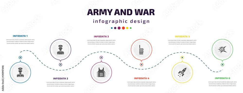 Poster army and war infographic element with icons and 6 step or option. army and war icons such as lieuten