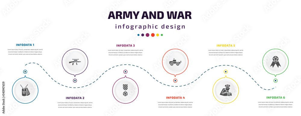 Poster army and war infographic element with icons and 6 step or option. army and war icons such as dog tag