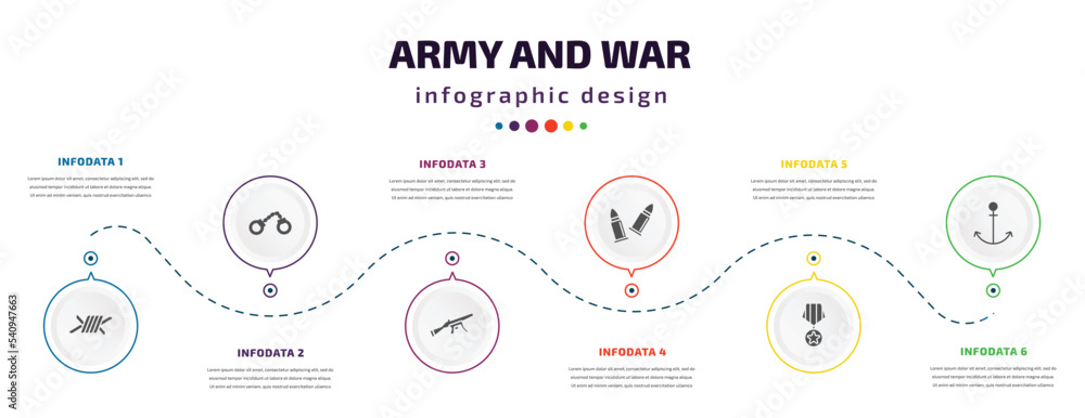Poster army and war infographic element with icons and 6 step or option. army and war icons such as barbed,