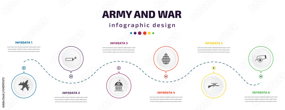 Aufkleber army and war infographic element with icons and 6 step or option. army and war icons such as plane, 