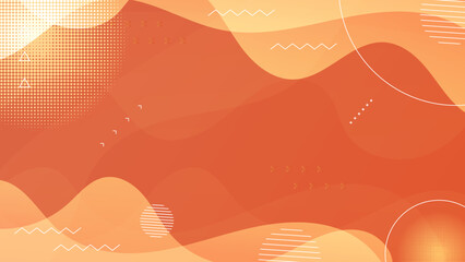 Orange abstract background with memphis style, geoemtric shape, and wave curve fluid line. Vector modern abstract background with halftone geometric shapes and textures.