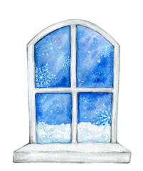 A white window. blue sky, snowflakes. Watercolor clipart, snow-covered, windows.