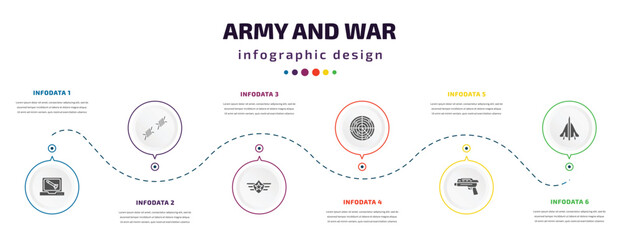 army and war infographic element with icons and 6 step or option. army and war icons such as computer, barbed wire, air force, militar radar, grenade launcher, fighter plane vector. can be used for
