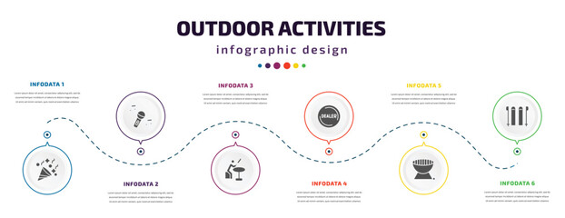 outdoor activities infographic element with icons and 6 step or option. outdoor activities icons such as party, sing, knife making, dealer, barbeque, skii vector. can be used for banner, info graph,