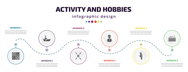 activity and hobbies infographic element with icons and 6 step or option. activity and hobbies icons such as checkers, boat race, collecting, read, ballerina, ball pit vector. can be used for