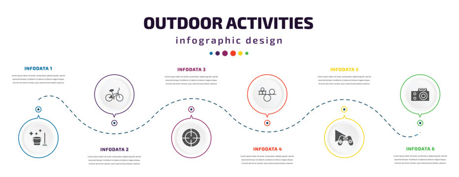 outdoor activities infographic element with icons and 6 step or option. outdoor activities icons such as cleaning, bmx, hunting, balancing, game playing, photography vector. can be used for banner,