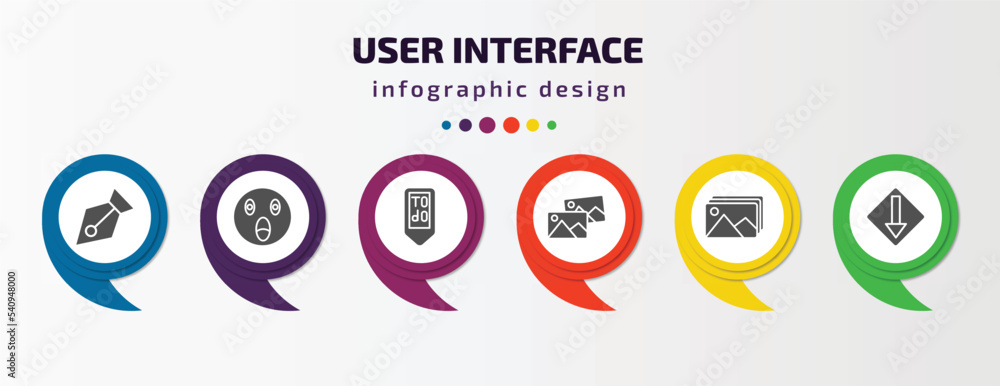 Poster user interface infographic template with icons and 6 step or option. user interface icons such as de