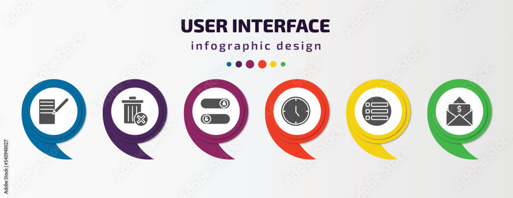 Poster user interface infographic template with icons and 6 step or option. user interface icons such as fo