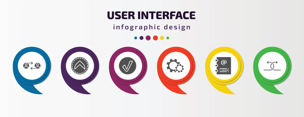 user interface infographic template with icons and 6 step or option. user interface icons such as user exchange, up chevron, round done button, wheels, contact notebook, crossed arrows vector. can