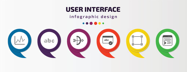 user interface infographic template with icons and 6 step or option. user interface icons such as line dot chart, strikethrough, archer, spellcheck, metrize, selective vector. can be used for