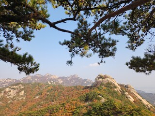 Bukhansan National Park. Bukhansan Bibong Peak - Hyangnobong Peak. autumn mountains. hiking Korean mountains. mountain landscapes in autumn. trekking. rise to the top of the mountain.