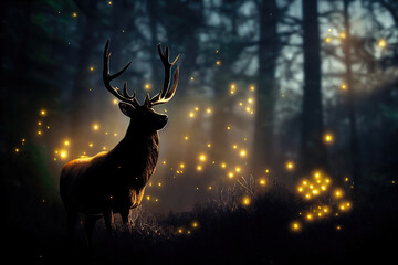 AI generated image of a lonely stag in the forest at dusk, lit by fireflies 