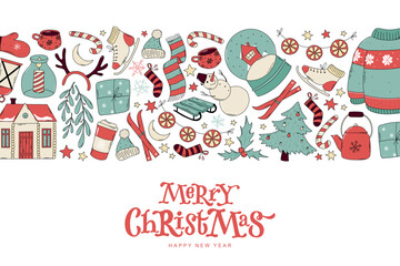 Christmas lettering quote decorated with horizontal border of doodles for banners, prints, cards, invitations, templates, etc. EPS 10