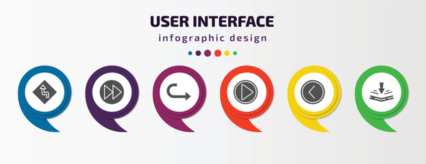 user interface infographic template with icons and 6 step or option. user interface icons such as left reverse curve, forward button, curve right arrow, video play, round left button, bending