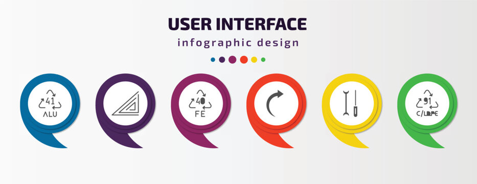 user interface infographic template with icons and 6 step or option. user interface icons such as 41 alu, triangular, 40 fe, right curve arrow, mechanic tool, 91 c/ldpe vector. can be used for