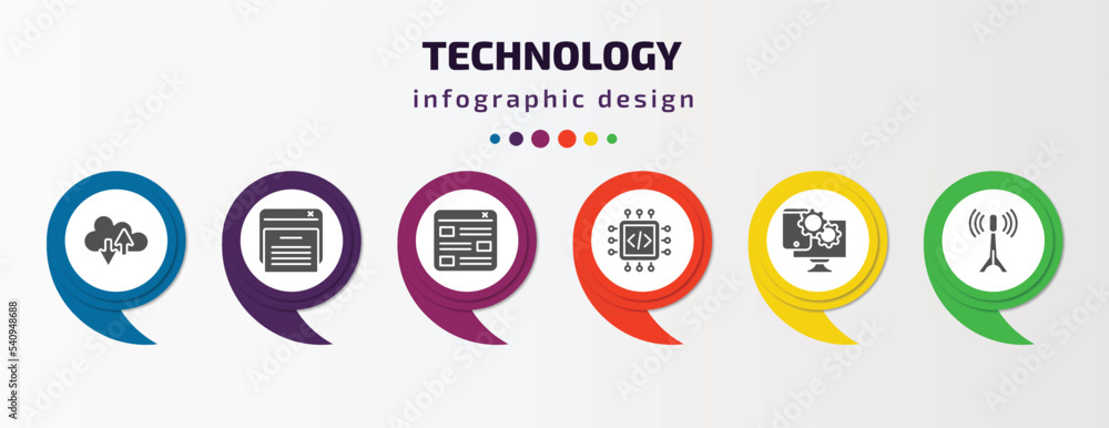 Poster technology infographic template with icons and 6 step or option. technology icons such as internet t