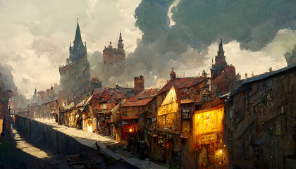 fantasy medieval town street with pavement and illumination, neural network generated art. Digitally generated image. Not based on any actual scene or pattern. © lucky pics