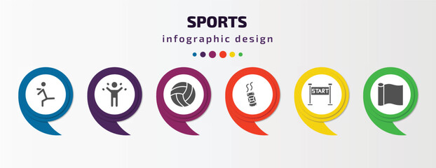sports infographic template with icons and 6 step or option. sports icons such as dancer motion, excersice, volleyball ball, drift car, starting line, foil vector. can be used for banner, info