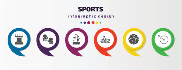 sports infographic template with icons and 6 step or option. sports icons such as tower from a chess, boxing gloves, wing chun, man in canoe, football, ball arrow vector. can be used for banner,