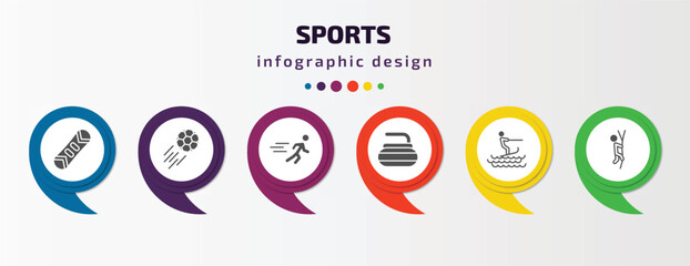 sports infographic template with icons and 6 step or option. sports icons such as snowboard, soccer, sprint, curling, surf sea, climbing with rope vector. can be used for banner, info graph, web,