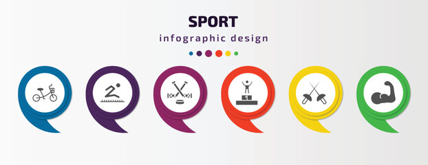 sport infographic template with icons and 6 step or option. sport icons such as bicycle for children, long jump, ice hockey, number one athlete, fencing, muscle vector. can be used for banner, info