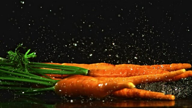 Fresh carrots fall on the table. Filmed is slow motion 1000 fps. High quality FullHD footage