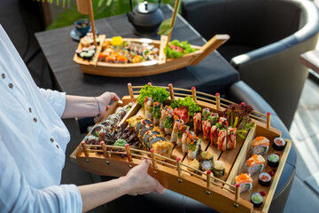 Catering, sushi on the table.