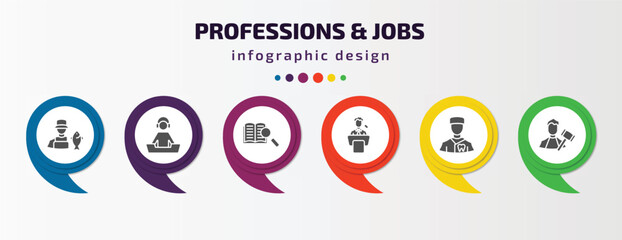 professions & jobs infographic template with icons and 6 step or option. professions & jobs icons such as fisherman, dj, guide, politician, orthodontist, judge vector. can be used for banner, info