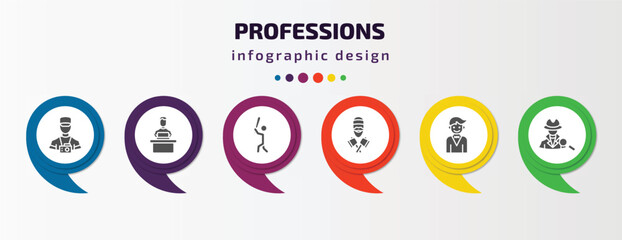 professions infographic template with icons and 6 step or option. professions icons such as photographer, software developer, baseball player, lumberjack, actor, detective vector. can be used for