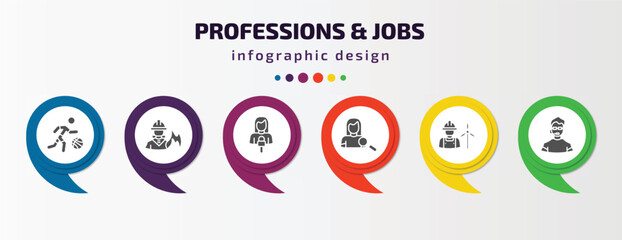 professions & jobs infographic template with icons and 6 step or option. professions & jobs icons such as basketball player, firefighter, journalist, hr specialist, wind turbine technician, bouncer