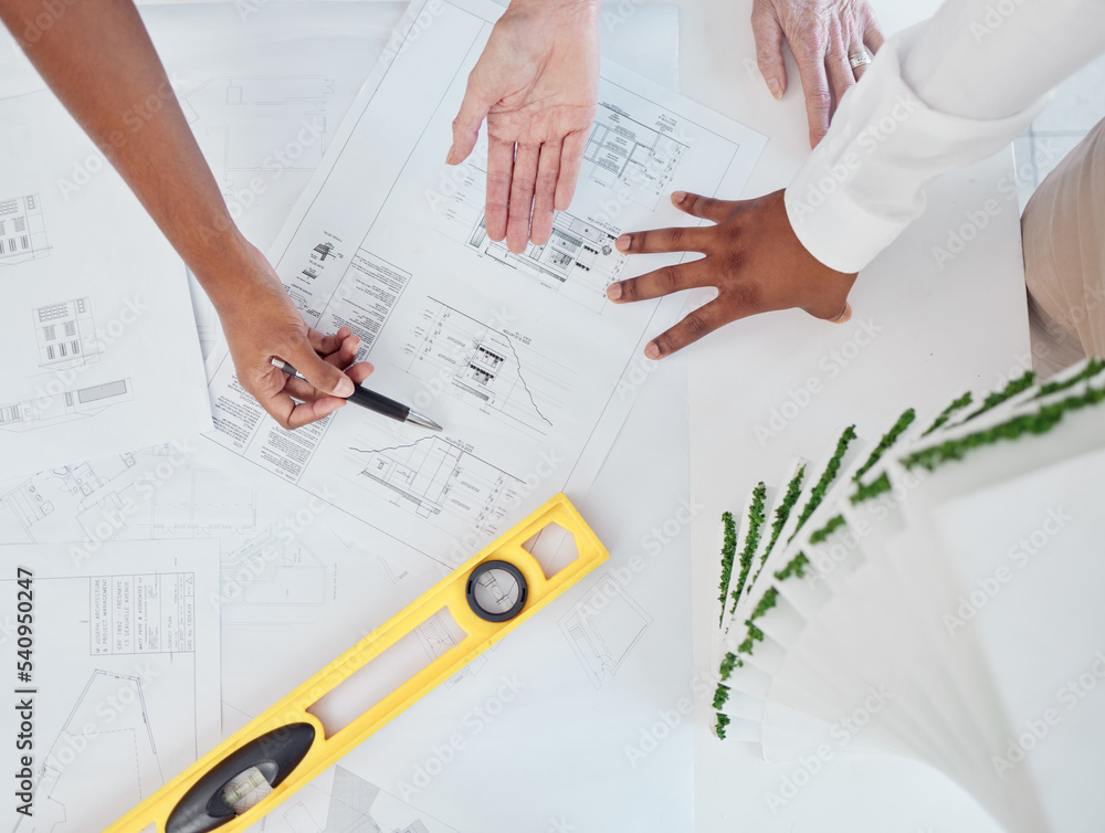 Poster architect, hands and construction planning for building industry in team discussion or meeting on th
