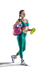 Sports transparent background. Beautiful slim sporty young girl is preparing for joint training.