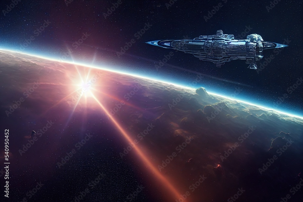 Poster Rays of sunlight illuminate a part of the planet over which a spaceship is flying in space. 3D illustration