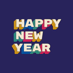 Happy New Year banner print in 90s style on dark blue background
